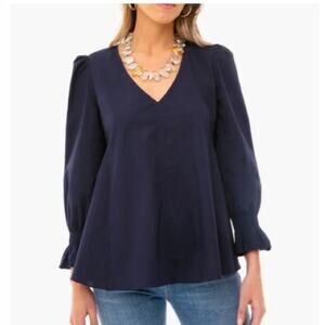 Tuckernuck Pomander Place Easton Blouse Cotton Poplin Long Sleeve in Navy Size S